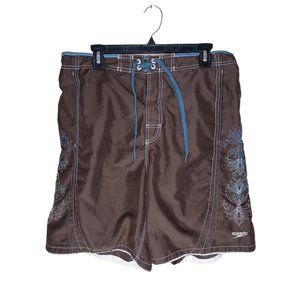 SPEEDO Mens Size XL Brown Pockets Floral Embroidered Swim Trunks/Shorts EUC